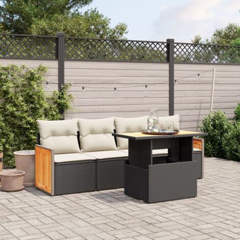 Ensemble Salon Jardin Noir 5 Pièces Résine Tressée avec Coussins Blanc Crème Table Réglable et Mobilier d'Extérieur (1/3)