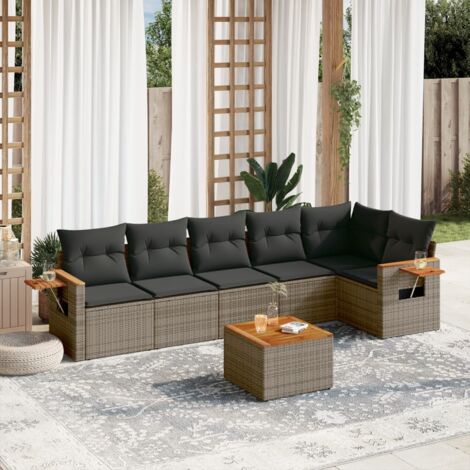 Salon de Jardin en Résine Tressée Gris 7 Pièces avec Table et Coussins Amovibles (1/3)