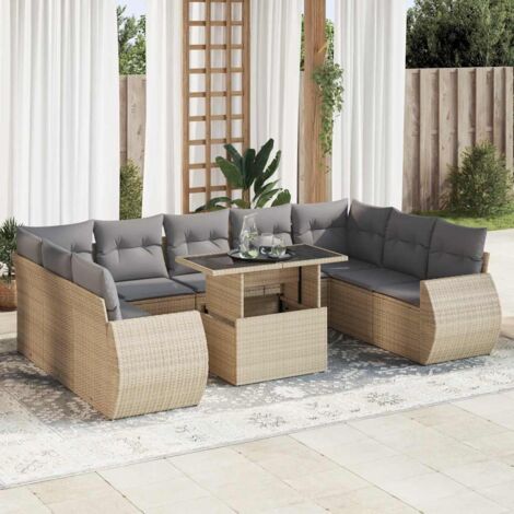 [Ensemble Salon de Jardin Modulaire] Salon de Jardin avec Coussins Beige en Résine Tressée, 10 Pièces, 9 Sièges, Table à Hauteur Réglable, Stockage et Coussins Gris Lavables (1/5)