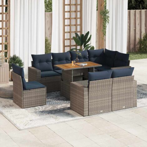 Ensemble de jardin 9 places en résine tressée grise avec rangements, table extensible et coussins bleu marine (1/5)