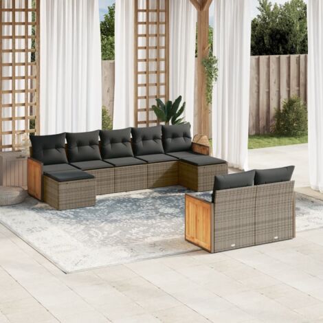 Ensemble de salon de jardin 9 places en résine tressée grise avec coussins, rangement intégré, modulaire (1/3)