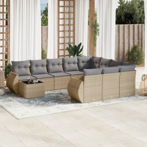 Ensemble de Salon Jardin 11 Pièces Modulable en Résine Tressée Beige avec Coussins Gris, Table en Verre et Rangement Intégré (1/3)