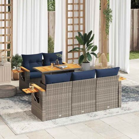 Ensemble salon de jardin 6 places en résine tressée gris avec coussins marine, coffre de rangement et table relevable (1/5)