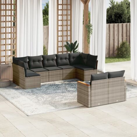 Ensemble salon jardin 9 places en résine tressée gris avec coussins amovibles (1/3)