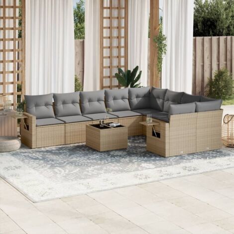 Salon d'extérieur modulaire 10 places en résine tressée beige. Ensemble complet 2 canapés, 2 coins, 5 central, 1 table, 20 coussins. Rangement intégré, housses lavables. (1/3)