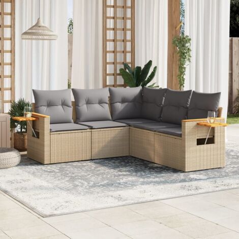 Salon de Jardin 5 Places en Résine Tressée Beige avec Coussins Gris et Table d'Appoint (1/5)