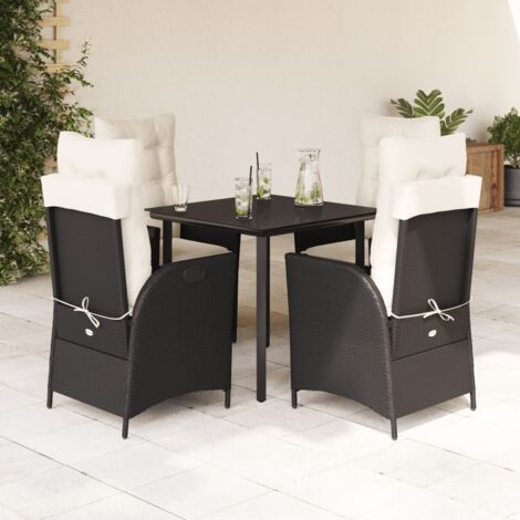 Ensemble jardin 5 pièces noir avec coussins Table en verre et chaises inclinables en résine tressée 80x80 cm (1/5)