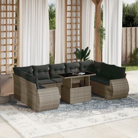 Ensemble salon de jardin 10 places en résine tressée gris avec table réglable et coussins lavables (1/5)