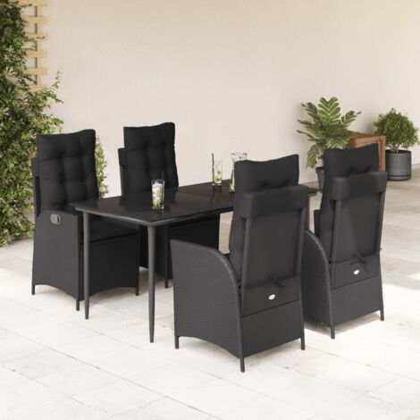 Ensemble de Jardin 5 Pièces Noir Résine Tressée avec Coussins et Table en Verre Trempé 160x80 cm (1/5)