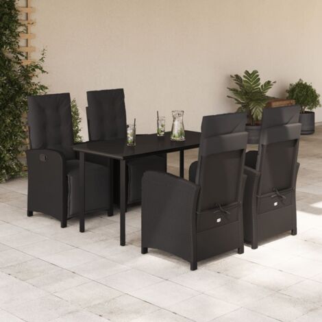 Ensemble de Jardin 5 Pièces Noir - 4 Chaises Longues Réglables + Table en Verre Trémpé - Résine Tressée Résistante aux UV - Avec Coussins Housses Lavables (1/5)