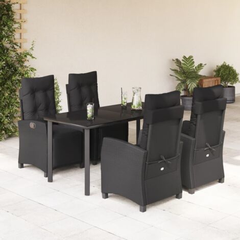 Ensemble de Jardin 5 Places avec Table Verre Trémpé 160x80cm et 4 Chaises en Resine Tressée Noire, Coussins Dossiers Amovibles et Réglables (1/5)