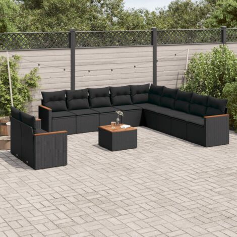 Salon de Jardin 12 Pièces Noir Résine Tressée avec Coussins, Table Acacia - Ensemble Modulaire (1/5)