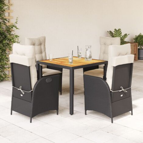 Ensemble de Jardin Noir 5 Pièces avec Coussins - Table en Acacia 90x90 cm et Chaises Basculantes en Résine Tressée (1/5)