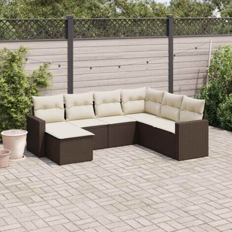 Ensemble Salon Jardin 7 Pièces Résine Tressée Marron avec Coussins Blanc Crème - Modulaire, Confortable et Durable pour Terrasse (1/3)