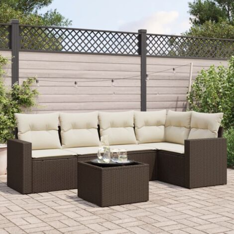 Canapé Jardin 5 Places en Résine Tressée Marron - Table Verre Trempé, Coussins Blanc Crème Lavables - Ensemble Modulaire Salon Extérieur 6 Pièces (1/3)