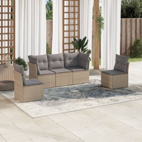 Ensemble de salon jardin 5 places en résine tressée beige modulable avec coussins gris lavables - 2 sièges d'angle et 3 centraux (1/3)