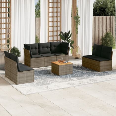 Ensemble Salon de Jardin 8 Places en Résine Tressée Gris avec Coussins - Modulaire, Table Acacia, Housses Lavables (1/3)