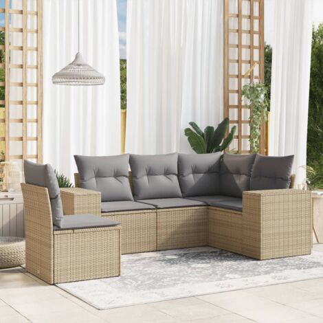 Ensemble canapés de jardin 5 places résine tressée beige avec coussins gris amovibles et lavables (1/5)