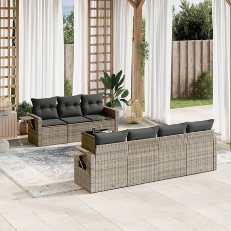Ensemble Salon Jardin 8 Places Résine Tressée Gris avec Coussins et Table Verre Trempé (1/5)