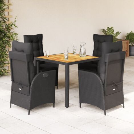 Ensemble de Jardin 5 Places - Table 90x90 cm + 4 Fauteuils Dossiers Réglables en Résine Tressée Noir avec Coussins (1/5)