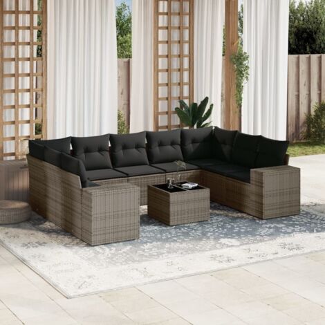 Set de Salon de Jardin 10 Pièces Gris Résine Tressée, Verre Trempé, 2 Fauteuils d'Angle + 2 Canapés à Accoudoirs + 5 Chaises + 1 Table Modulaire, Coussins Amovibles et Lavables, Structure en Acier P (1/5)