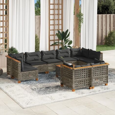 Ensemble salon de jardin gris résine tressée, 10 pièces avec table et coussins - 4 sièges d'angle + 5 centraux + 1 table acacia + 13 coussins (1/5)