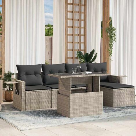 Salon de jardin 6 places en résine tressée gris clair avec coussins, table réglable et design modulaire (1/5)