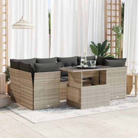 Ensemble Salon de Jardin 7 Pièces en Résine Tressée Gris Clair avec Table Réglable et Coussins Amovibles (1/5)