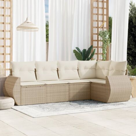 Ensemble Salon Jardin 5 Places Modulable en Résine Tressée Beige avec Coussins et Fonction Rangement (1/3)
