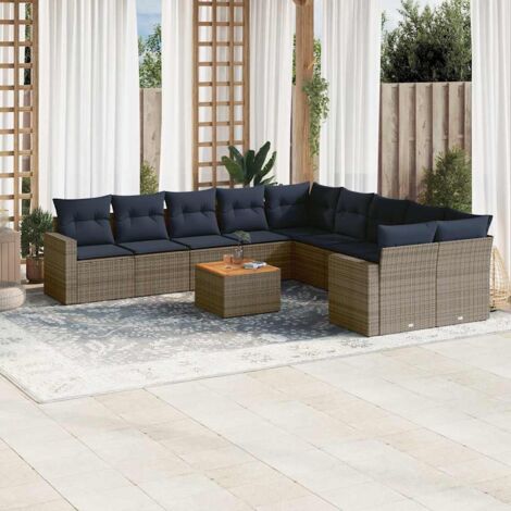 [Set de Jardin 11 Pièces] + [Sans Marque] + [Modulaire] + [Résine Tressée Gris, Coussins Marine, Stockage] (1/5)