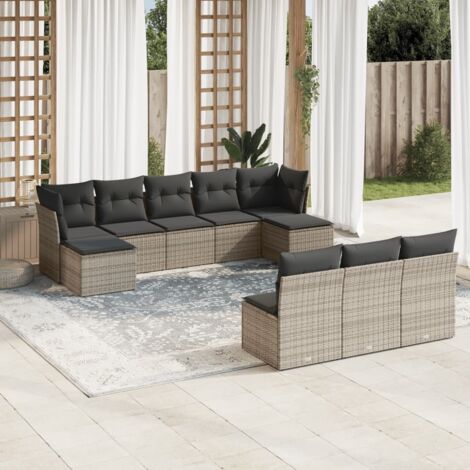 Ensemble salon de jardin modulaire 10 places, gris, résine tressée avec rangement et coussins amovibles, 2 sièges d'angle + 6 centraux + 2 repose-pieds. (1/3)