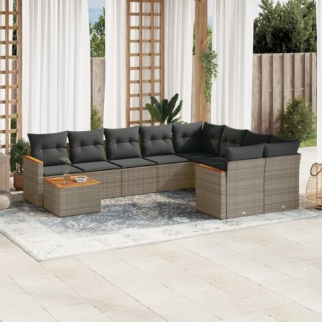 Ensemble de Jardin Modulaire en Résine Tressée, 10 Pièces, Table Acacia, Coussins Gris, Stockage Intégré (1/3)