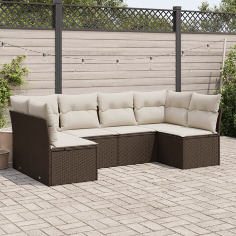 Salon de Jardin Modulaire 6 Places en Résine Tressée Marron avec Coussins Blanc Crème, Fonction Rangement, Résistant aux Intempéries (1/3)