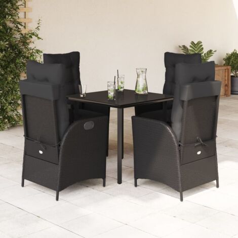 Ensemble de Salle à Manger Jardin 4 Personnes Table 80 cm Verre + Chaises Polyrotin Noir Inclinables avec Coussins Amovibles (1/5)