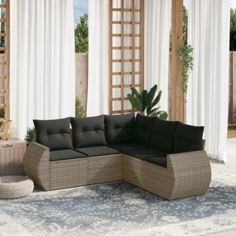 Ensemble Salon Jardin 5 Pièces Modulable Gris Résine Tressée 100% Imputrescible Meuble d'Extérieur Durable avec Coussins Détachables (1/5)