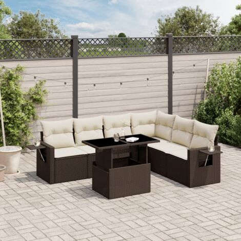 Canapé d'angle en résine tressée marron extensible, 7 places, table réglable avec coussins crème, salon de jardin modulaire XXL. (1/5)