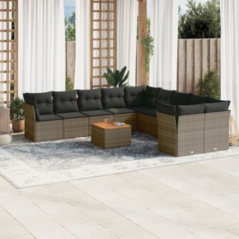 Canapé d'extérieur modulaire 11 pièces en résine tressée grise avec coussins et table en acacia - Ensemble de jardin pour patio (1/5)