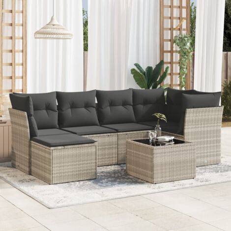 Canapé d'angle de jardin 7 places en résine tressée, gris clair, avec table et repose-pieds verre, coussins amovibles et rangement intégré (1/3)