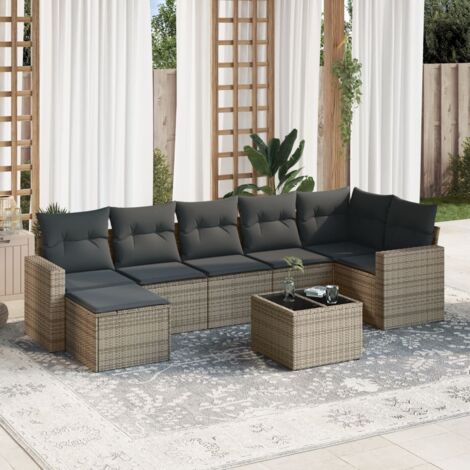 Canapé de Jardin 8 Places Modulaire en Résine Tressée Gris avec Coussins Lavables et Table en Verre Trempé (1/3)