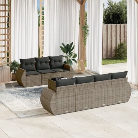 Ensemble Salon de Jardin 8 Pièces Résine Tressée Gris avec Coussins, Table en Verre Trempé 55x55cm (1/5)