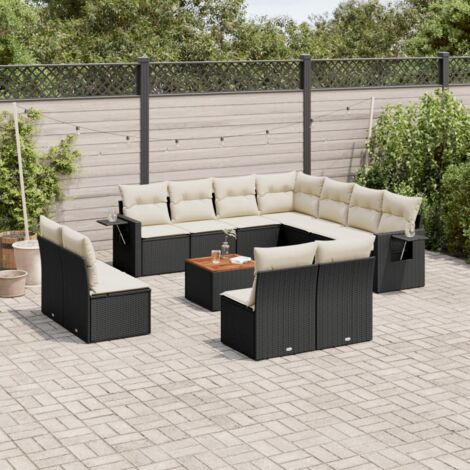 Ensemble Salon de Jardin 12 Pièces Modulable Noir Résine Tressée et Acacia avec Coussins Blanc Crème et Stockage Intégré (1/3)