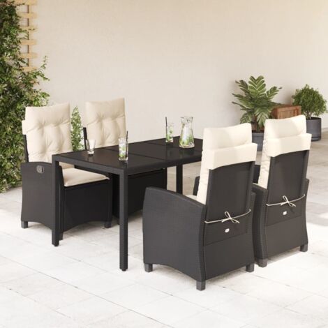 Ensemble de Jardin 5 Pièces Résine Tressée Noir avec Table en Verre Trempé 150 cm et 4 Chaises Inclinables incluant des Coussins Blanc Crème Amovibles (1/5)