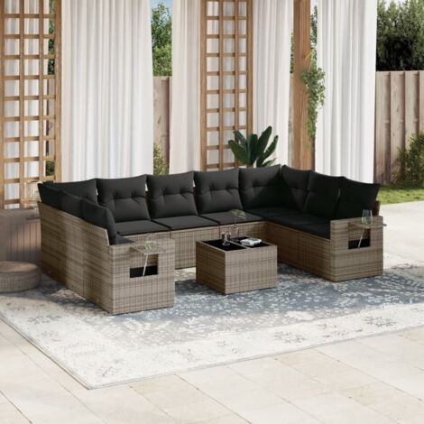 Ensemble salon jardin 10 pièces gris résine tressée avec table et rangement sous assise (1/3)