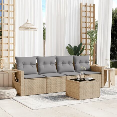 Salon de Jardin 5 Places Modulable en Résine Tressée Beige avec Table et Coussins Gris - Ensemble de Mobilier d'Extérieur avec Rangement (1/3)