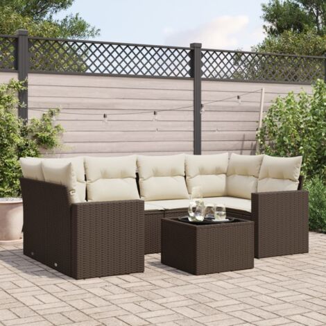Ensemble Salon de Jardin Modulaire 7 Pièces Résine Tressée Marron avec Coussins Blancs Crème (1/3)