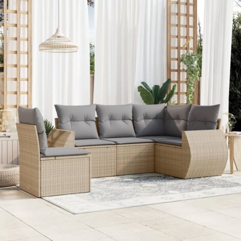 Ensemble Salon Jardin 5 Places Résine Tressée Beige avec Coussins Gris et Rangement Modulaire (1/3)