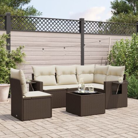 Salon de jardin 6 places en résine tressée marron avec table en verre trempé et coussins crème – Ensemble modulaire pour terrasse (1/5)