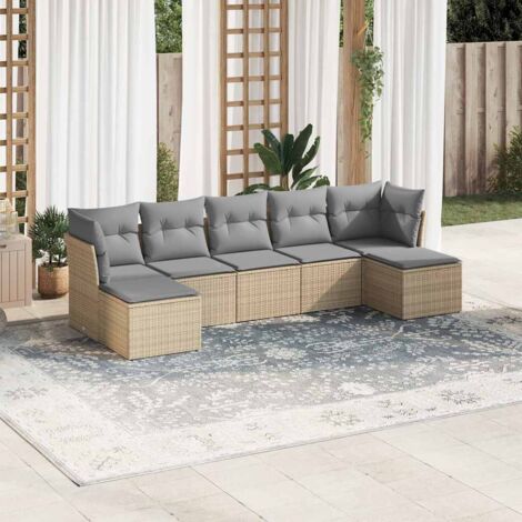 Ensemble salon de jardin en résine tressée 7 pièces avec coussins gris clair - Fauteuils modulables pour terrasse (1/5)