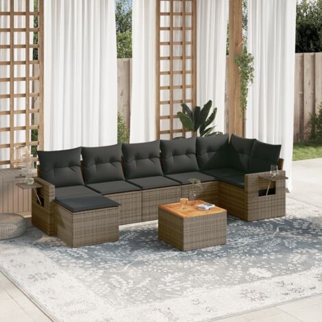 Ensemble Salon de Jardin Modulaire 8 Places en Résine Tressée Gris avec Coussins, Table Acacia et Repose-pieds (1/5)