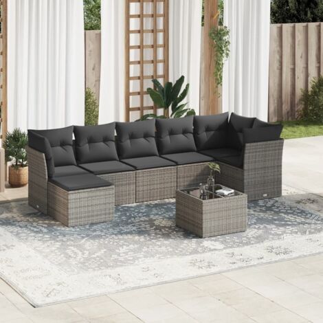 Set de Salon Jardin 8 Places Gris Résine Tressée Modulable avec Table Verre et Coussins Lavables (1/3)